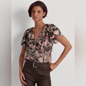 Lauren Ralph Lauren Women's XXL Floral Metallic Jacquard Blouse brown